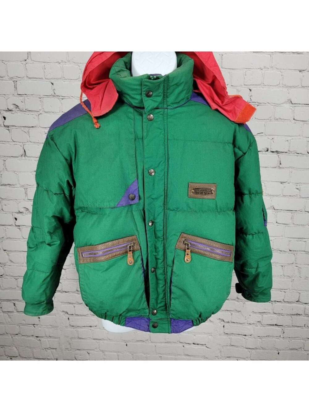 VTG Brambilla Green Purple Down Insulated Hooded Coat France Made Kids 14/16